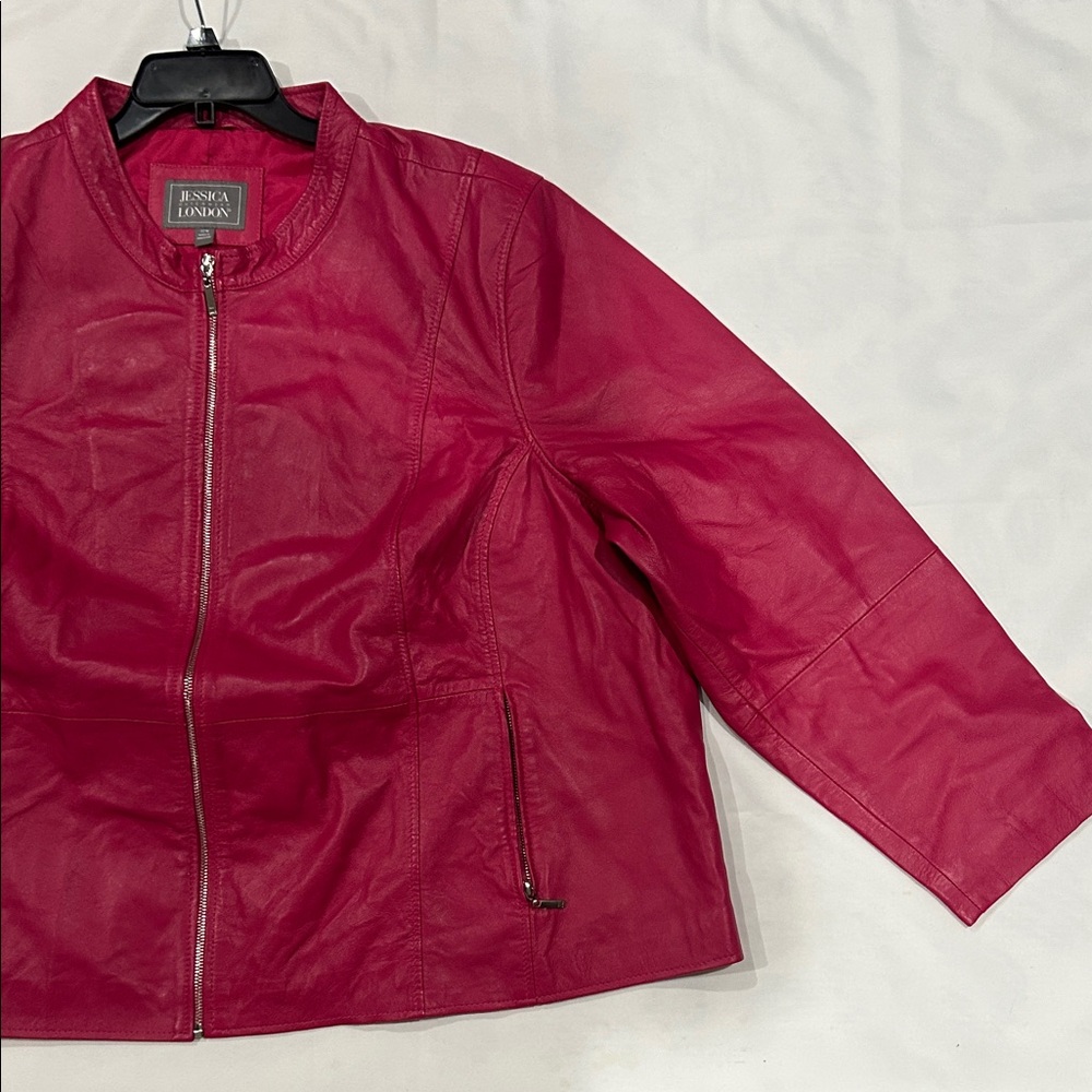 Jessica London Hot Pink Zip-Front Faux Leather Jacket - Picture 3 of 11